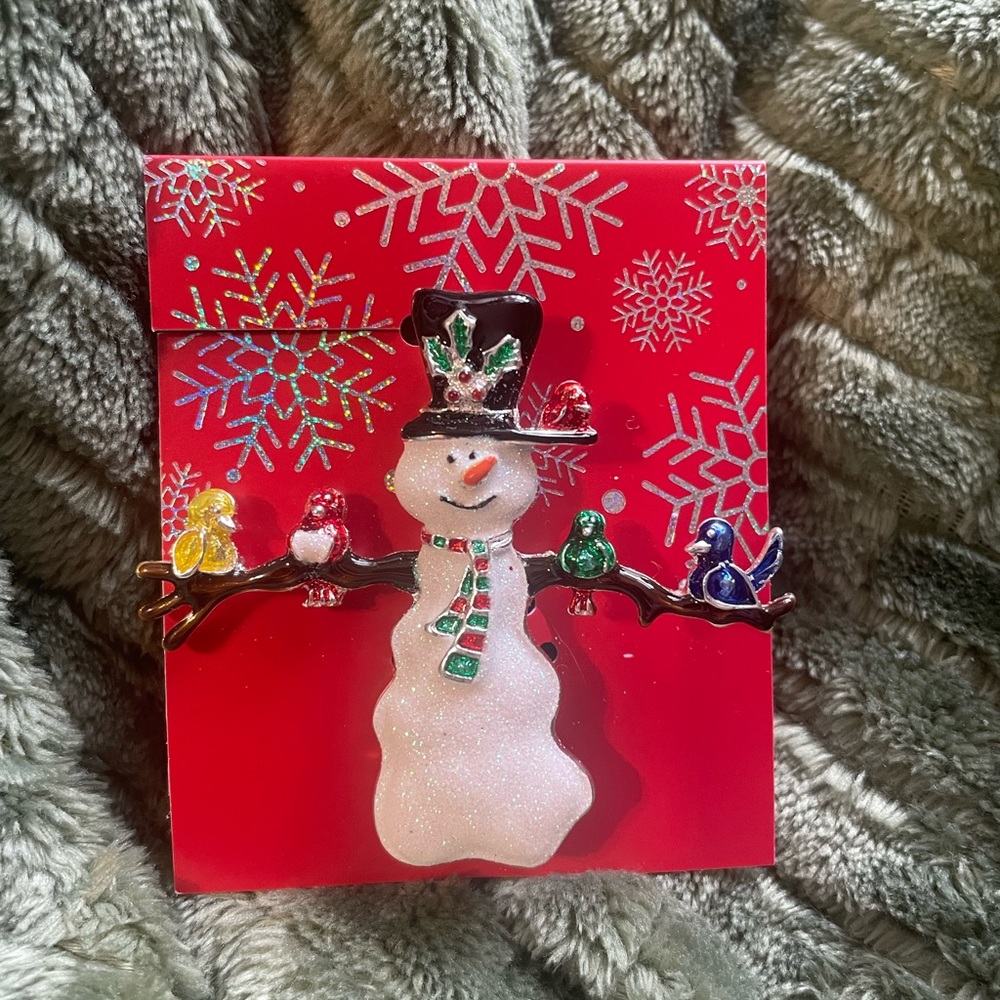 Snowman with birds on his arms brooch